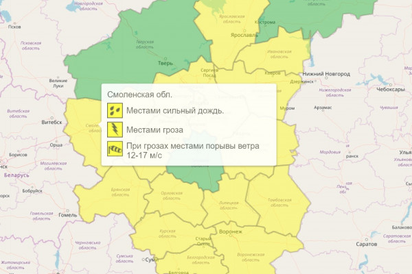 «Жёлтый» уровень погодной опасности объявили в Смоленске из-за грозы и сильного ветра